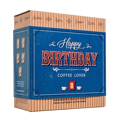 Afbeelding van Verjaardag Koffie Cadeaus Voor Mannen &amp; Vrouwen 5 Unieke Koffiezakjes Set Met Premium Gemalen Uit De Hele Wereld Koffieliefhebbers Brievenbusgeschenk in Mandstijl