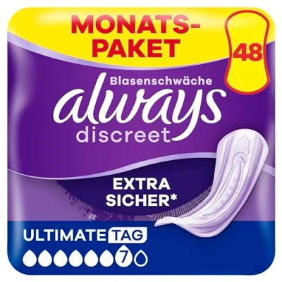 Afbeelding van Always Discreet Ultimate Day Incontinentie inlegkruisjes, 48 maandverbanden (4 x 12 stuks) voor dames, maandpakket, sterke bescherming tegen blarenzwakte die je nauwelijks voelt