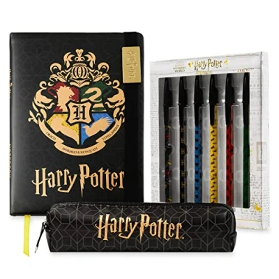 Afbeelding van HARRY POTTER Set schrijfwaren, notitieboek, etui, pen, schoolbenodigdheden, kinderen, jongeren, meisjes, jongens, officiële goodies (Zwart/Goud)