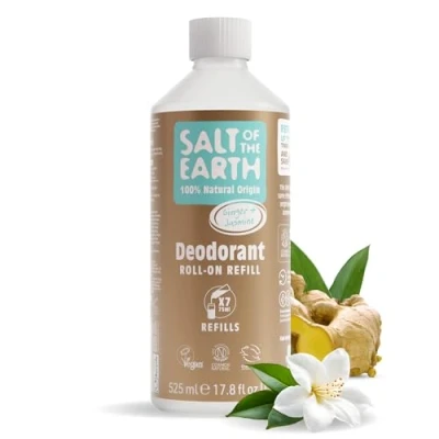 Afbeelding van Salt Of the Earth Natuurlijke deodorant Roll On Refill van, Ginger &amp; Jasmine veganistisch, langdurige bescherming, goedgekeurd door Leaping Bunny, gemaakt in het VK 525 ml