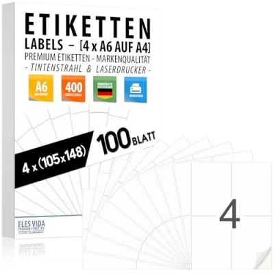 Afbeelding van Etiketten 105 x 148 mm, zelfklevend (4 stuks per A4 vell), mat wit oppervlak, inkt en laserprinter, (inkjet laser) verzendlabels, Made in Germany (100 vellen 400 etiketten)