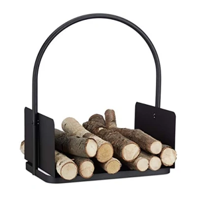 Afbeelding van relaxdays houtmand zwart openhaard mand binnen houtbak staal voor openhaardhout