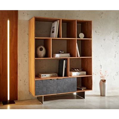 Afbeelding van Boekenkast Teele Acacia Natuurleisteen 115x150 cm 2 Deurs Voet Roestvrij Staal