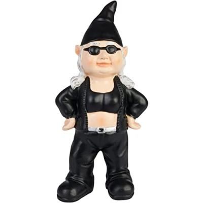 Afbeelding van BRUBAKER Coole Tuinkabouter Biker Vrouw Zwart Rocker Kabouter met Zonnebril en Skuljasje Grappig Tuinbeeldje Weerbestendige Decoratie voor Tuin Camping Buiten 23 cm hoog