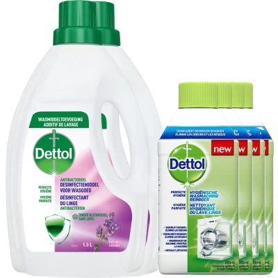 Afbeelding van Dettol 4x Wasmachine reiniger 2x Was toevoeging Lavendel Voordeelverpakking