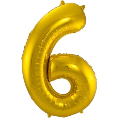 Afbeelding van Ballon Cijfer 6 Jaar Goud 36Cm Verjaardag Feestversiering Met Rietje
