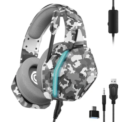 Afbeelding van Oniverse Gaming headset PS5 PS4 Switch Xbox PC Mac met verstelbare microfoon, LED, luidsprekers 50 mm, oorkussens van ademende stof, bekabeld, Nebula (Urban Camo/grijs)