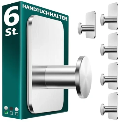 Afbeelding van Menz Handdoekhouder zonder boren in zilver, 6 stuks, robuuste handdoekhouder, moderne kleefhaken, haken voor badkamer, zelfklevende haak, ideaal als functionele handdoekhaak