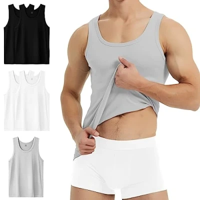 Afbeelding van YouShow Onderhemd voor heren, 3/5 stuks, 100% katoen, tanktop, fijne rib, 2 x zwart + wit 1 grijs, L