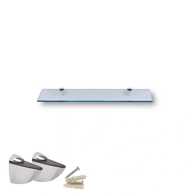 Afbeelding van Euro Tische 40 cm glazen wandplank, helder glas, plank voor badkamer, doucheplank met 6 mm ESG veiligheidsglas en metalen houders, gemonteerd, verschillende maten