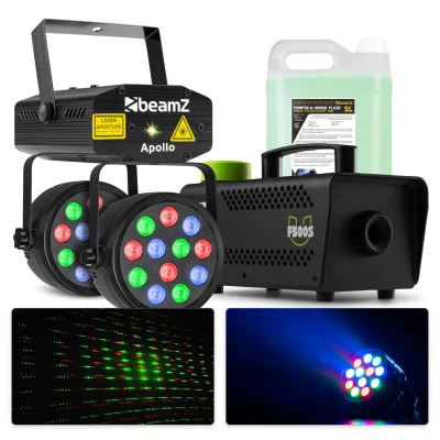 Afbeelding van BeamZ lichtset met laser, PAR spots en 500W rookmachine 5 liter