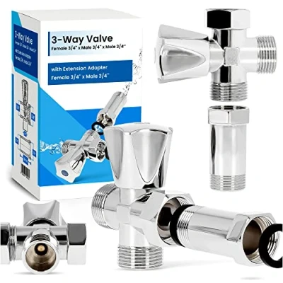 Afbeelding van Toestelafsluiter 3 weg T ventiel Haakse Afsluiter 3/4 Aftakleiding Adapter Vaatwasser Wasmachine Messing Verchroomd Hulpventiel Machine aansluitventiel