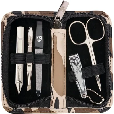 Afbeelding van DREI SCHWERTER Germany manicure etui nagelset &#039;Siena&#039; 5 delig huidschaar, nagelknipper, saffier nagelvijl, nagelreiniger, pincet, kleur camouflage