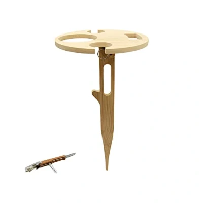 Afbeelding van UNUS Garden Wijntafel, inklapbaar, outdoor, wijnhouder van bamboehout, wijnglashouder voor picknick, camping of tuin, inclusief zakmes met kurkentrekker en flesopener