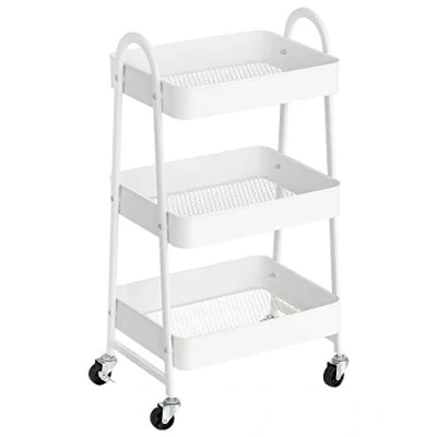 Afbeelding van SONGMICS Trolley met 3 niveaus, metalen serveerwagen, keukentrolley, keukenplank handgrepen, 2 remmen, eenvoudig te monteren, voor schildergerei, slaapkamer, wasruimte, wit BSC068W01