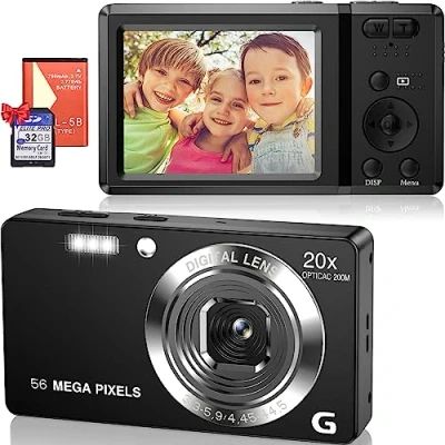Afbeelding van Compacte digitale camera, 56 MP, 2160P, HD, 20 voudige zoom, 6,9 cm (2,7 inch), LCD compact, met 32 GB kaart, oplaadbaar, voor kinderen, beginners, volwassenen