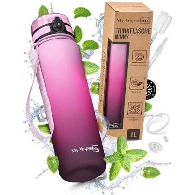 Afbeelding van My Vesperbox Minny Drinkfles voor kinderen, lekvrij, met rietje of zeef, 350 ml, 500 750 lichte Tritan waterfles, BPA vrij, kleuterschool, school (roze verloop, 1 liter)