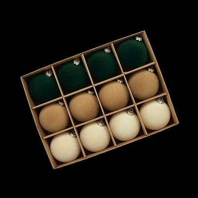 Afbeelding van Velvet kerstballen 6cm Donkergroen Bruin Beige 12 stuks