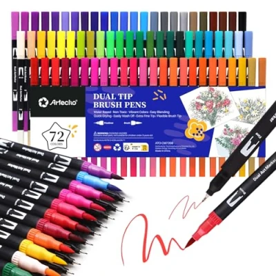 Afbeelding van Artecho Dual Brush Pen Set 72 kleuren, fineliner set, viltstiften, dik en dun, penseelstiften, pennen voor bullet journal, kalligrafie, manga, kleurboeken handlettering