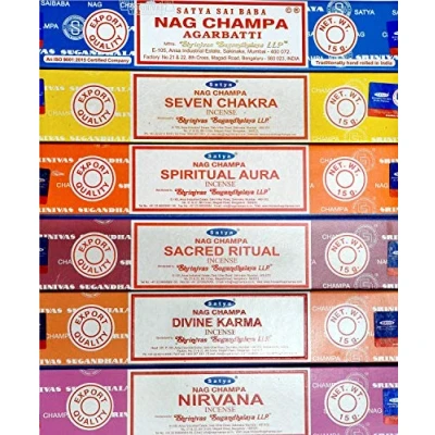 Afbeelding van Nag Champa Spiritueel pakket Set van 6 stuks, zeven chakra, spirituele Aura, heilig ritueel, Nirvana Goddelijke Karma in een verpakking 15GM elk