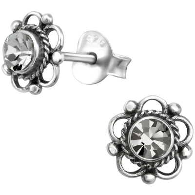 Afbeelding van JoyS Zilveren Bali bloem oorbellen 7 mm antraciet grijs kristal geoxideerd