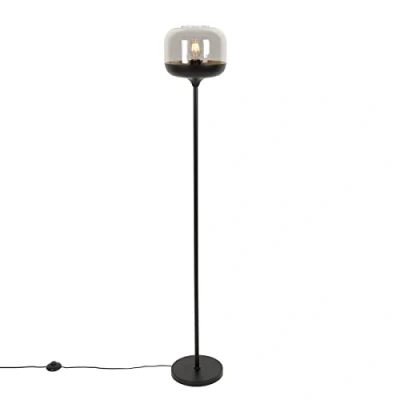 Afbeelding van QAZQA Design vloerlamp zwart met goud en smoke glas Kyan
