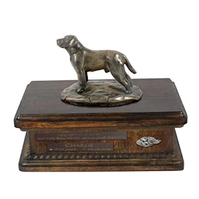 Afbeelding van Art Dog Custom Sitting Statue Memorial Urn Handgemaakt koud gegoten brons op berkenhouten voet 8,3x11,4x8,7 5l Labrador retriever