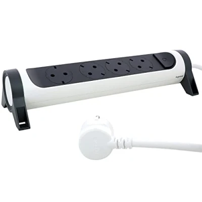 Afbeelding van LEGRAND, Draaibare stekkerdoos, 4 voudig stopcontact, wand of tafelmontage, led aan/uit schakelaar, 3 m kabel, ultrawit/donkergrijs, 694536