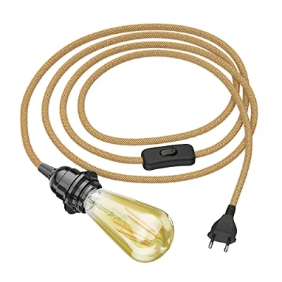 Afbeelding van ledscom.de Hennepkabel LEKA met stekker, schakelaar en E27 fitting, incl. LED Vintage goud max. 814lm extra warm wit 3 niveaus