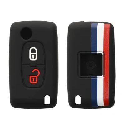 Afbeelding van kwmobile Autosleutel hoesje geschikt voor Peugeot Citroen 2 knops inklapbare behuizing in blauw / rood wit Frankrijk Gestreept design