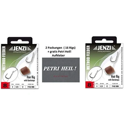 Afbeelding van Set: 2 Pack (16 Rigs) Method Feeder Hair Rig van Jenzi met Rubber Band/Quick Stop, Haakmaat 8, 10, 12 Lengte cm +gratis Petri Heil! Sticker (Quickstop 8)