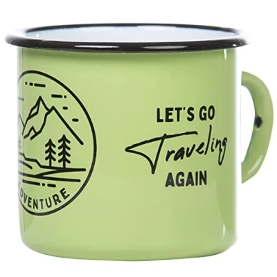 Afbeelding van MUGSY emaille mok met natuurmotief &amp; spreuk NEVER STOP EXPLORING, groene beker, robuuste metalen beker 330 ml