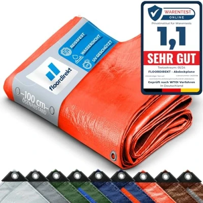 Afbeelding van Floordirekt Afdekzeil, zeildoek, beschermend zeil, bootzeil, tentzeil voor camping en outdoor, tuin, waterdicht, met ringen, verschillende maten kleuren, 8 x 10 m, 140 g/m², oranje