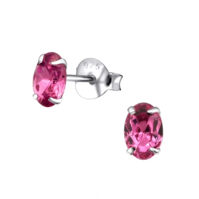 Afbeelding van JoyS Zilveren ovaal oorbellen 4 x 6 mm kristal magenta roze oorknoppen