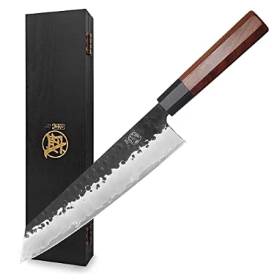 Afbeelding van MITSUMOTO SAKARI 23 cm Japans Koksmes, Kiritsuke Keukenmes Professioneel Hoog Koolstofstaal Hand Gesmeed Vleesmes (Rozenhout Handvat &amp; Geschenkdoos)