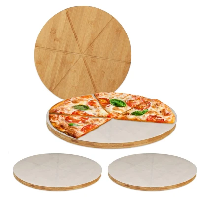 Afbeelding van Relaxdays 4x Pizzaplank bamboe rond serveerplank 33 cm bakpapier pizzabord set