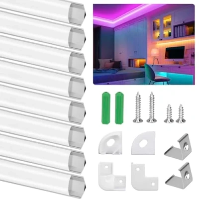 Afbeelding van LED Aluminium Profiel, profiel 8 x 1m, Kanalen V Vorm voor Strips, Bar en Diffusor Perfect Licht, met Hoekverbinders, Eindkappen, Schroeven Montage Clips
