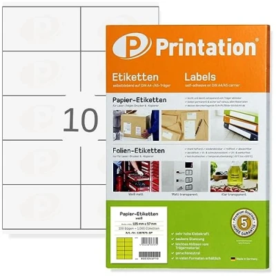 Afbeelding van Printation Universele etiketten 105 x 57 mm 1000 zelfklevend wit bedrukbaar op 100 A4 vellen à 2 5 adresetiketten 10 per vel 3425 4425 zelfklevende