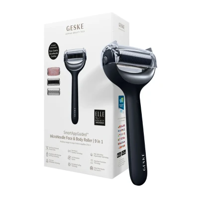Afbeelding van GESKE SmartAppGuided™ MicroNeedle Face &amp; Body Roller 9 in 1 rozenkwarts Elektrische dermaroller Microneedling apparaat Schoonheidsroller voor gezicht en lichaam