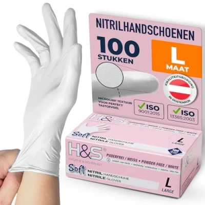 Afbeelding van H&amp;S Nitril wegwerphandschoenen, poedervrij (100 stuks), S Small M Medium L Large XL X Large, latexvrij, geschikt voor levensmiddelen, dermatofiel en goed verdragen de gevoelige huid (wit, L)