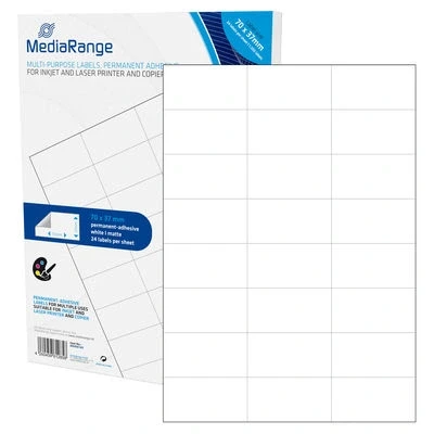 Afbeelding van MediaRange Universele etiketten, sterk hechtende, 50 vellen A4 24 labels (70 x 37 mm), wit