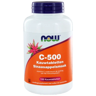 Afbeelding van Now C 500 Kauwtabletten Sinaasappelsmaak, 100 Kauw tabletten