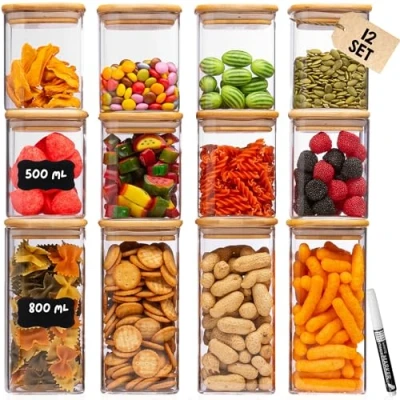 Afbeelding van Deco Haus® Voorraadpotten met Deksel Luchtdicht + Etiketten [12 Delig COMBI SET] Voor Muesli, Cornflakes, Spaghetti &amp; co. Glazen Voorraaddozen Keuken Opbergbox Bewaargla…