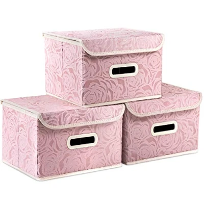 Afbeelding van PRANDOM opvouwbare opbergdoos met deksel [3 stuks] stoffen decoratieve opbergbak kubus organizer container mand handgrepen voor slaapkamer kast woonkamer roze 25x20x17cm