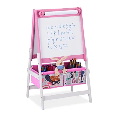 Afbeelding van Relaxdays krijtbord kind, 2 in 1, tekenbord met papierrol &amp; mandjes, HBD 94 x 52 46,5 cm, staand whiteboard, roze/wit