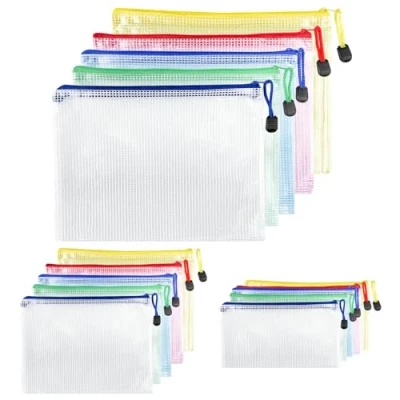Afbeelding van Brevanza Documentenhoes A4+A5+A6, waterdichte mesh documentenhoesjes, documentenmap met rits, ritszakje voor documenten, kwitanties, examenblad, cosmetica, 15 stuks, 5 kleuren