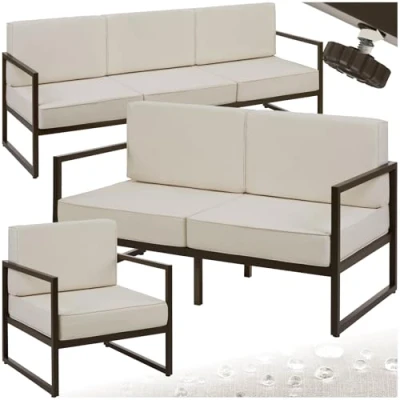 Afbeelding van tectake® Tuin loungeset Comosa Voor 6 personen Tuinset Grote bank, kleine bank en fauteuil Waterafstotende ultradikke zit rugkussens Draagkracht 120kg per zitplaats Bruin/beige