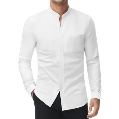 Afbeelding van DEMEANOR Stretch overhemd zonder kraag heren lange mouwen business slim fit strijkvrij overhemden opstaande heren, groen, M