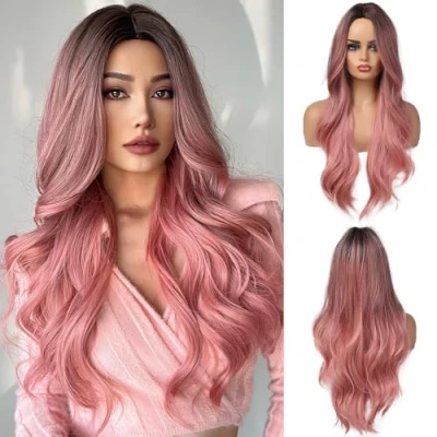 Afbeelding van OUFEI Ombre roze pruiken met donkere wortels voor vrouwen synthetische hittebestendige vezels natuurlijke lange golvende dagelijks feest cosplay dragen