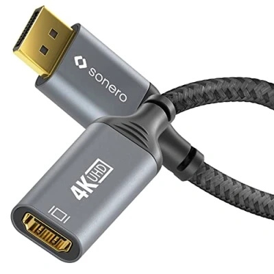 Afbeelding van Sonero® 4K DisplayPort 1.2 naar HDMI 2.0 adapter, stekker aansluiting, 60Hz, 2K 120Hz, katoenen mantel, grijs/zwart, 0,10 meter